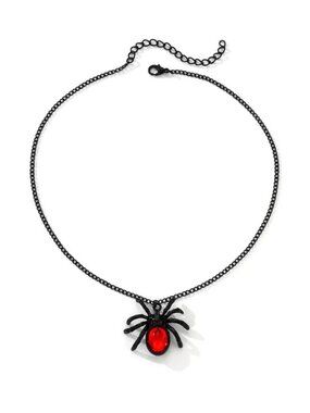 Halloween Gothic Red Stone Spider Black Chain Necklace